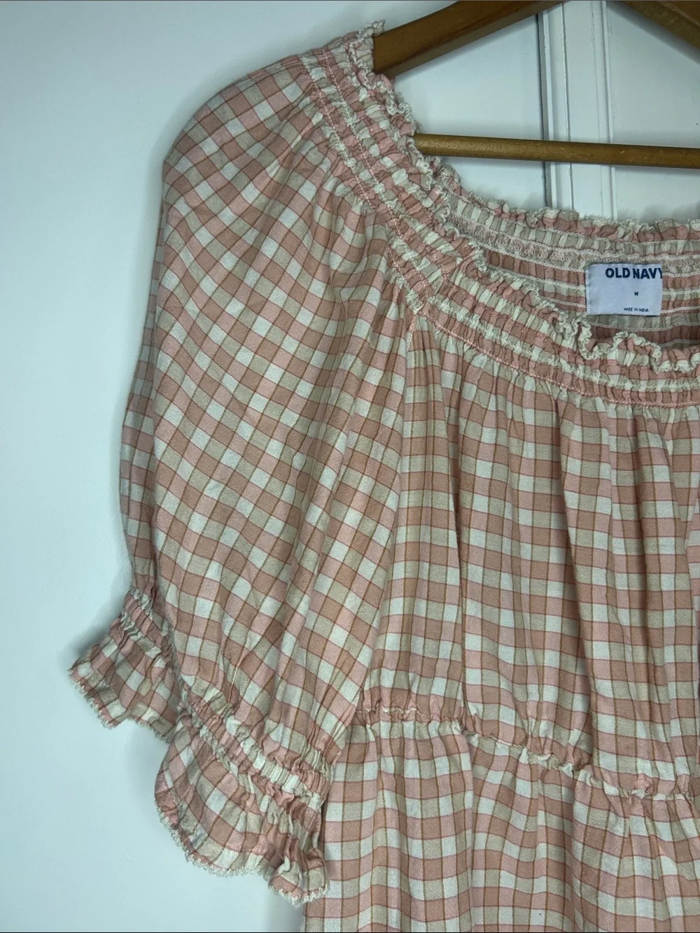 Pink & Cream Gingham Peasant Top